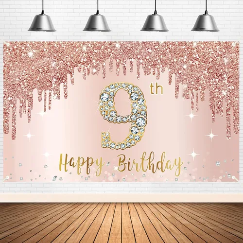 Cartel de feliz 9º cumpleaños para niñas, suministros de fiesta de noveno año de oro rosa, cartel rosa de 9 años, decoración de cabina de fotos