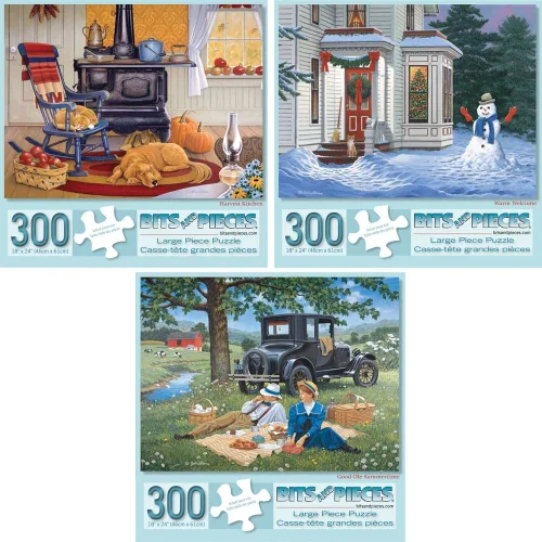 Bits and Pieces - Juego de 3 rompecabezas de 300 piezas grandes para adultos, rompecabezas con temática de estaciones, diseñados por el artista John