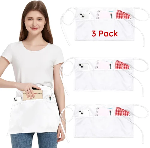 Miniatura 10 de Paquete de 3 delantales de cintura con 3 bolsillos, delantales de camarero unisex negros, delantales resistentes al agua para restaurante, chef y bar
