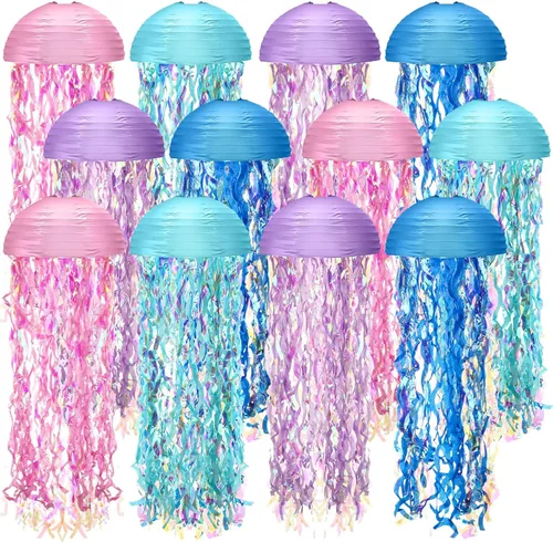 Miniatura 8 de Baquler Juego de 12 linternas de papel de medusas de 10 pulgadas, linternas semicírculas de sirena, decoración colgante para aula, baby shower, bajo