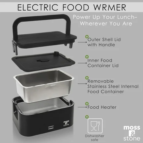 Miniatura 2 de Moss & Stone Fiambrera eléctrica negra para adultos, calentador portátil de 80 W para el trabajo con recipiente de acero inoxidable 304 de 0.9 L