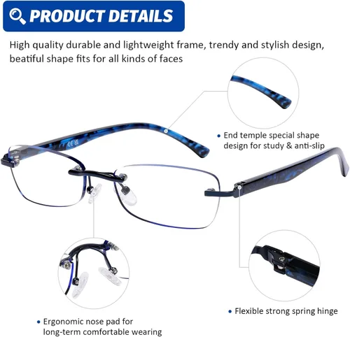 Miniatura 4 de DOOViC 3 Pack Rimless Reading Glasses For Women Lightweight Elegant Blue Light Blocking Readers, Tinted Edge/Spring Hinge