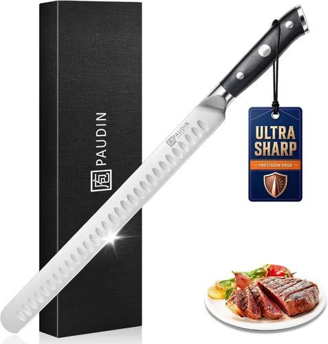 PAUDIN Cuchillo de trinchar, cuchillo para brisket de 12 pulgadas, cuchillos de rebanar premium con hoja Granton para cortar brisket ahumado, carne