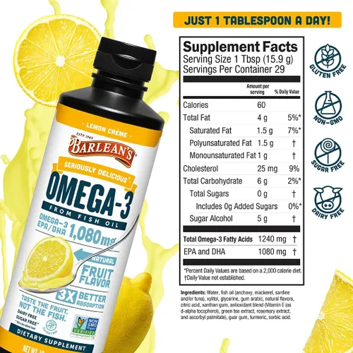 Miniatura 6 de Barlean's Suplemento líquido de aceite de pescado Omega 3 para hombres y mujeres, 1080 mg de ácido graso EPA y DHA, promueve la salud del cerebro