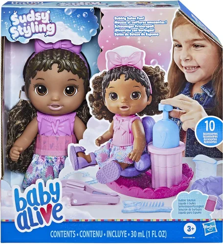 Miniatura 2 de Baby Alive Sudsy Styling Doll, pelo negro, incluye silla de salón de 12 pulgadas, juguetes para niñas y niños de 3 años en adelante