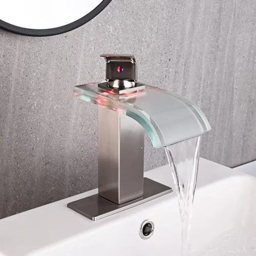Miniatura 3 de AVSIILE Grifo de lavabo de baño LED, cascada de níquel cepillado, mango de un solo agujero, 1 agujero con drenaje desplegable de metal y 2 líneas