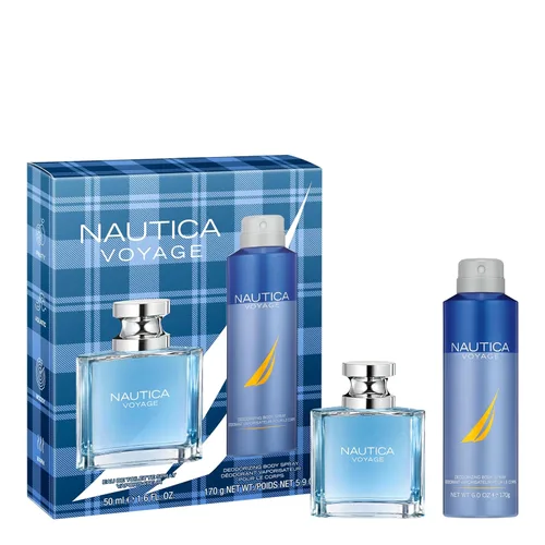 Nautica Voyage Giftset, 1.6 fl oz EDT + 6 oz desodorizante corporal en aerosol, notas de manzana, madera de cedro, mimosa, fragancia para hombre,