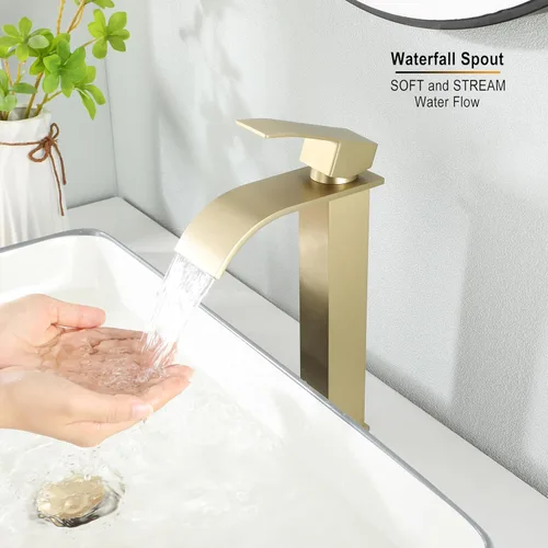 Miniatura 4 de Llave de fregadero, JXMMP llave de baño dorada cepillada con un solo agujero y manguera de suministro y desagüe desplegable, llave de cascada de una
