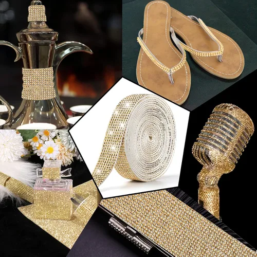 Miniatura 7 de Berenlu Cinta autoadhesiva de diamantes de imitación de cristal, calcomanía decorativa dorada con diamantes de imitación de 0.079 pulgadas, Dorado