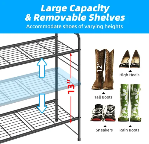 Miniatura 6 de Zapatero de 3 niveles para armario, organizador de almacenamiento de zapatos extra largo de 46.5 pulgadas para estantes, metal resistente, fácil