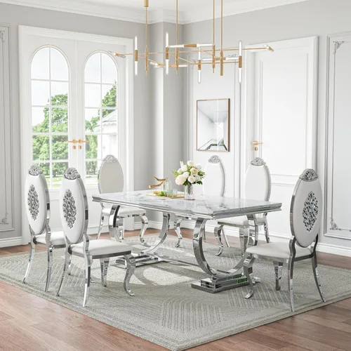 Miniatura 27 de Juego de mesa de comedor de mármol de 70 pulgadas para 6, mesa de cocina grande y sillas de cuero negro, mesas de comedor modernas negras y doradas
