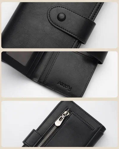 Miniatura 6 de Cartera de cuero con bloqueo RFID para mujeres, diseño delgado de triple pliegue con 14 ranuras para tarjetas y bolsillo con cremallera, Negro