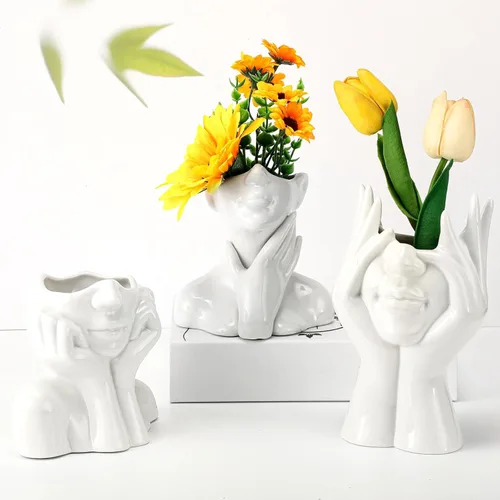 Miniatura 8 de Sieral 3 piezas de jarrón de cerámica con forma de cara femenina moderna con cuerpo de flor para decoración con cabeza, media forma de cuerpo