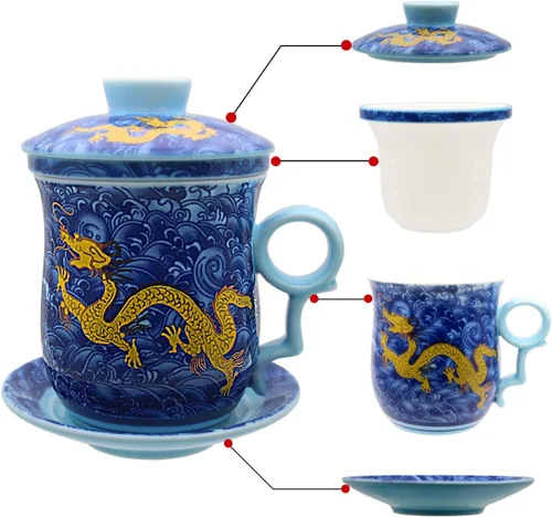 Miniatura 17 de Taza de té de porcelana con tapa de infusor y juegos de platillos – Taza de café de cerámica china Jingdezhen Taza de té de hoja suelta Sistema