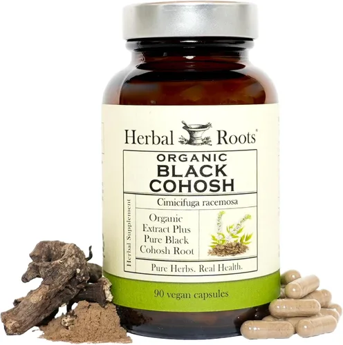 Herbal Roots Raíz de cohosh negro orgánico | Extra fuerte | Menopausia y apoyo menstrual para mujeres | 90 cápsulas, vegano