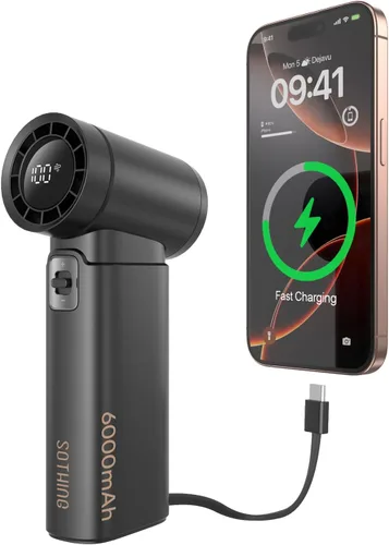 SOTHING Ventilador de mano – Ventilador portátil con cargador de batería, 6000 mAh recargable, carga rápida de 18 W, entrada tipo C, flujo de aire