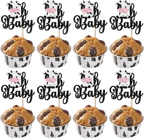 Miniatura 13 de Rsstarxi Paquete de 24 adornos para cupcakes de vaca con purpurina de animales de granja Moo para cupcakes temáticos de vaca, baby shower, fiesta