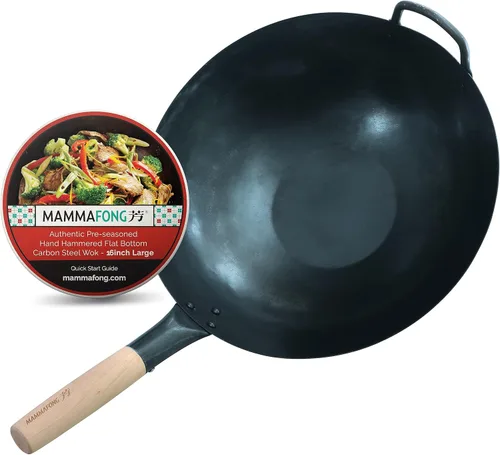 Sartén de wok tradicional de acero al carbono de 16 pulgadas con fondo plano grande – Auténticos woks martillados a mano y sartenes para saltear –