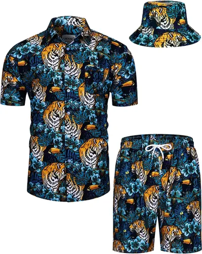 Miniatura 91 de TUNEVUSE Conjunto de camisas y pantalones cortos hawaianos para hombre, 2 piezas, trajes de playa con estampado de flores, traje tropical de verano
