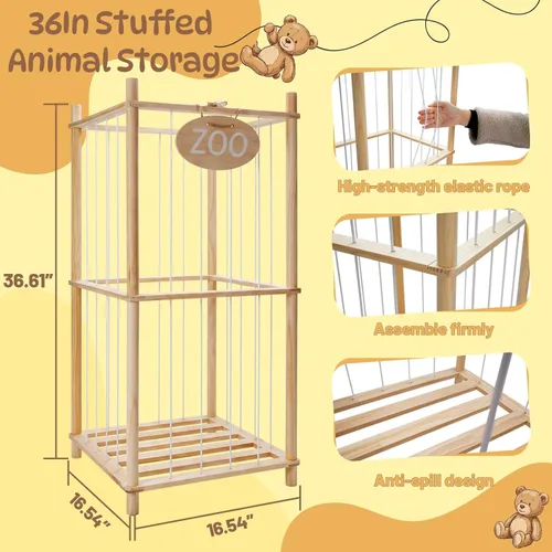 Miniatura 3 de Almacenamiento y organizador de animales de peluche, bonito soporte de juguetes de zoológico con cuerda elástica, 36 pulgadas, gran capacidad