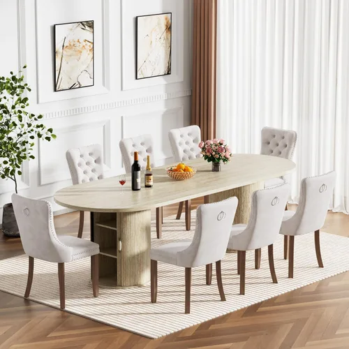 Miniatura 11 de Mesa de comedor redonda extensible de 94 pulgadas con base de almacenamiento, mesa de comedor expandible natural para 10, mesa de comedor de madera