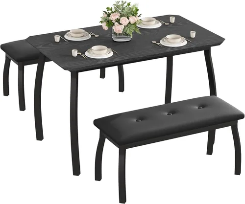 Mesa de comedor para 4, juego de mesa de cocina de 3 piezas para 4 personas con mesa de madera y marco de metal, mesa de cocina industrial con 2