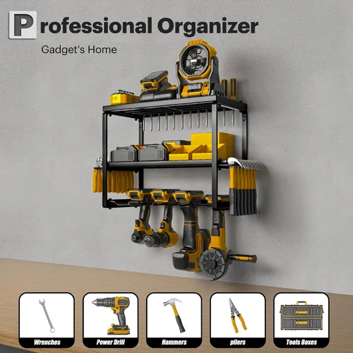 Miniatura 2 de Spampur Organizador de herramientas eléctricas, soporte de pared, estante de almacenamiento de 3 capas con 4 soportes para taladro, estante