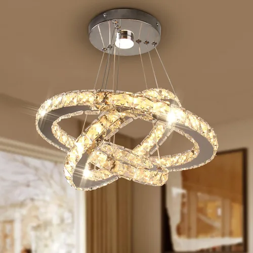 Miniatura 10 de Lámparas de araña LED de cristal, lámpara colgante moderna para comedor, lámpara de techo ajustable con 3 anillos, de acero inoxidable, blanco frío