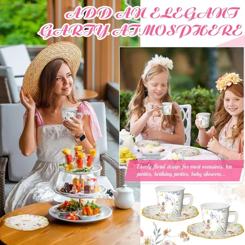 Miniatura 6 de Umigy 60 juegos de decoraciones para fiestas de té, 6.5 onzas, tazas de té de papel floral de hadas con asa y platos, juegos de tazas de té y Azul