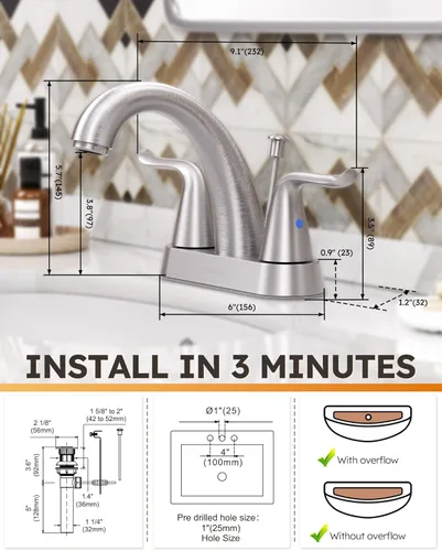 Miniatura 7 de WOWOW Grifo de Baño de 2 Manijas de 4 Pulgadas Centerset para Lavabo de Baño, Grifo Mezclador de Lavabo Sin Plomo con Tapón de Drenaje de Varilla A.