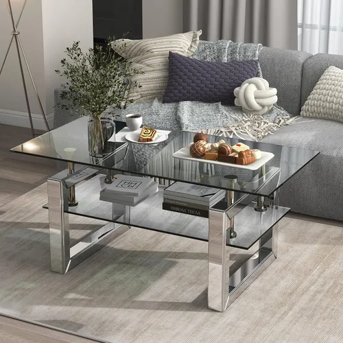 Miniatura 4 de Mesa auxiliar rectangular de vidrio con patas de tubo de metal plateado, mesa de centro de vidrio templado, mesas auxiliares modernas para sala