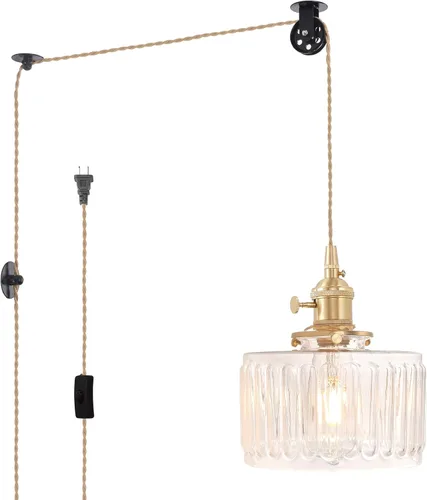 Miniatura 31 de Shenmoyl Lámpara colgante con pantalla de vidrio transparente a rayas, luz colgante vintage de latón, luz colgante ajustable para cocina, isla