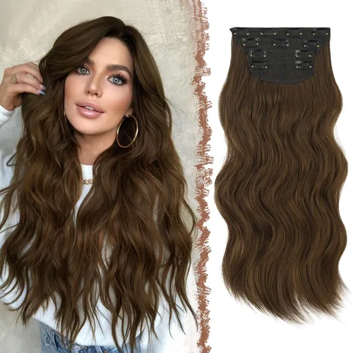 Miniatura 13 de FESHFEN Extensiones de cabello con clip - 4 piezas Extensiones de cabello sintético ondulado largo y grueso con clip para cabeza completa
