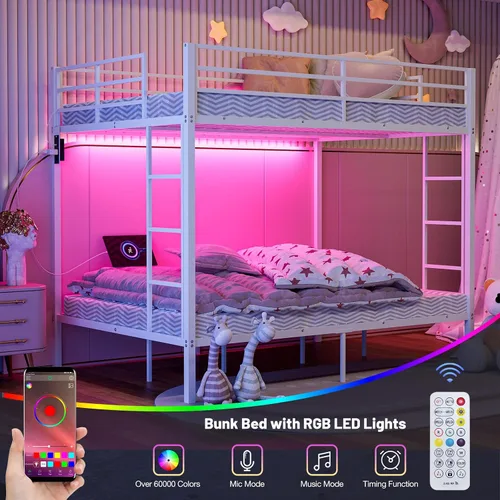 Miniatura 3 de IKIFLY Literas de metal de tamaño matrimonial sobre matrimonial con luces LED y estación de carga, marco de litera de tamaño matrimonial resistente