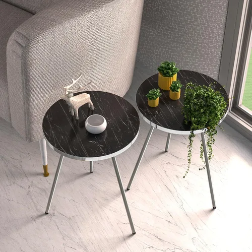 Miniatura 4 de Juego de 2 mesas auxiliares redondas de madera con aspecto de mármol, mesa auxiliar anidable para espacios pequeños, mesita de noche, mesa de noche