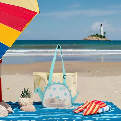 Miniatura 3 de AUONY Bolsa de playa de malla para juguete de playa, bolsa de conchas para niños, bolsa de juguete de arena de dinosaurio para sostener conchas, Azul