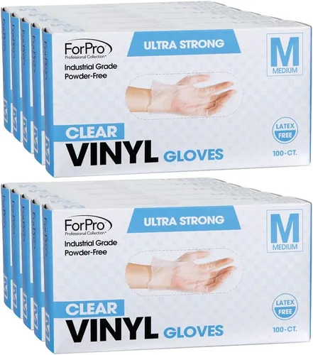 ForPro Disposable Vinyl Gloves, Industrial Grade, Powder & Latex Free, Non-Sterile, Food Safe, 2.75 Mil Palm, 3.9 Mil Fingers Transparente