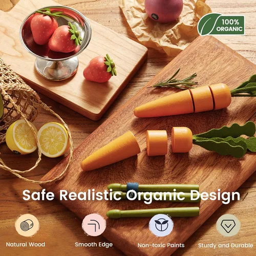 Miniatura 4 de Tiny Land Juego de Verduras y Frutas de Madera Orgánica – 7 Piezas de Comida de Simulación para Niños, Juguete de Cocina Montessori para Niños