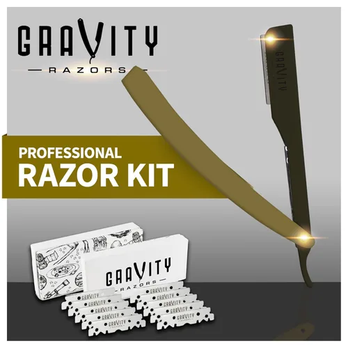 Miniatura 2 de Kit de cuchilla de afeitar recta profesional GRAVITY RAZORS – Ultra Exposición, incluye 10 cuchillas premium, 2mm expuestas, color oro y negro