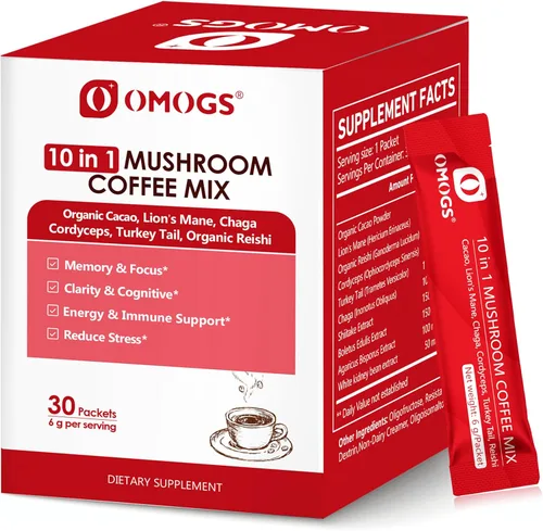 OMOGS Café de hongos, mezcla de polvo 10 en 1, mezcla de melena de león, reishi, cordyceps, chaga, cola de pavo, café instantáneo para energía,