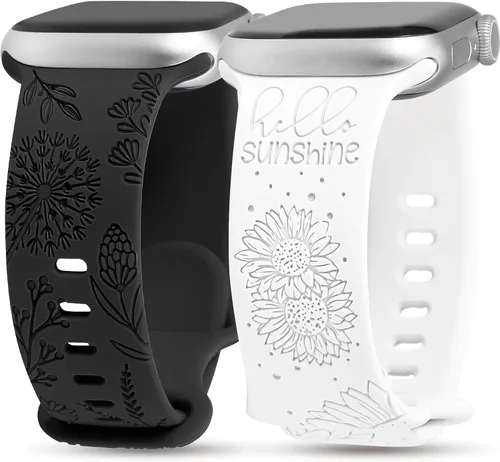 Miniatura 8 de Minyee Paquete de 2 correas grabadas florales compatibles con Apple Watch Band de 38/40/41/42/44/45/46/1.929 in para mujer, bonita correa
