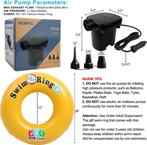 Miniatura 3 de Newpol Inflatable Bed Pump, Electric Air Pump with Free Swimming Ring for Air Mattress Beds, Inflatable Swimming Pools, Swimming Rings