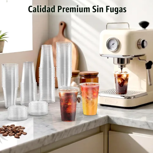Miniatura 7 de Paquete de 100 tazas de café helado Ratio Lines de 16 onzas con tapas y popotes, sin adivinar bebidas consistentes, vasos desechables de plástico