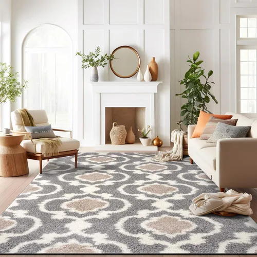 Miniatura 7 de Alfombra de área peluda para interior, cómoda, estilo entretejido marroquí, Polipropileno, Gris/Crema