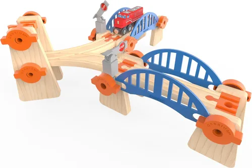 Miniatura 7 de Accesorios de madera para vías de tren Build & Play, 90 piezas de juguetes STEM de ferrocarril elevados, paquete de expansión de pistas ascendentes