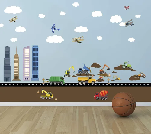 Miniatura 10 de Calcomanías de pared para camiones de construcción, calcomanías de pared para niños, vehículos de tractor, construcción de calle, vinilo para Ejes