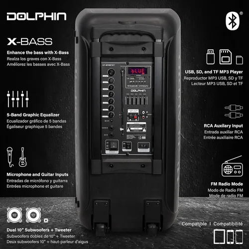 Miniatura 7 de Dolphin Altavoz Bluetooth dual de 10 pulgadas para fiestas, altavoz grande de 1000 W con 2 micrófonos inalámbricos, graves potentes, luces LED
