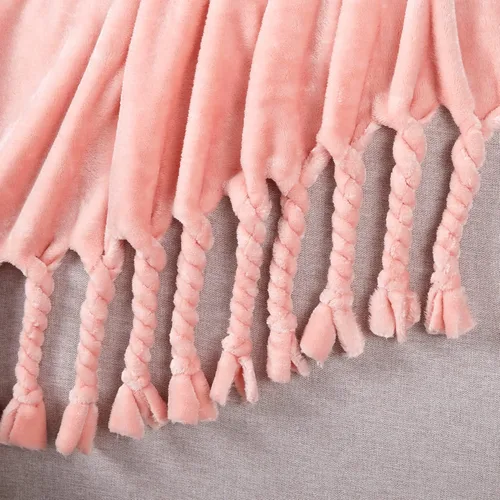 Miniatura 4 de Homiest Manta de forro polar con flecos, suave y acogedora manta de franela rosa claro, manta decorativa ligera para sofá, cama, silla para todas