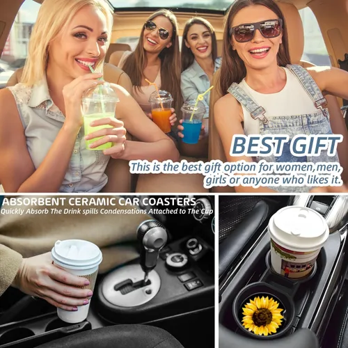 Miniatura 4 de Portavasos para automóvil, elegantes posavasos de cerámica con estampado de girasol, inserto antideslizante con agarre para la punta del dedo