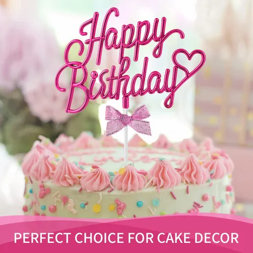 Miniatura 5 de Decoración de pastel de feliz cumpleaños rosa intenso – Cartel de feliz cumpleaños 3D de doble cara para pastel con lazo, idea para decoración